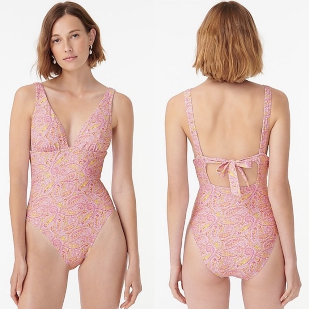 J Crew Womens Eco Plunge One Piece Swimsuit 10 Pink Paisley Pastel Beach V Neck